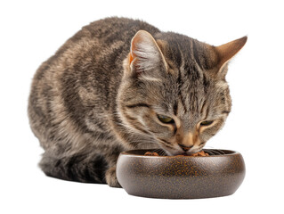 Pet cat isolated, adult cat eating cat food from a food bowl, adorable cat close-up portrait, isolated on a transparent background, professional pet photography, pet food advertising concept
