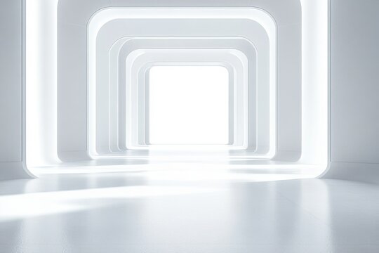 Bright futuristic white corridor with rounded rectangular arches and illuminated edges extending into a glowing light source creating a clean and minimalist atmosphere