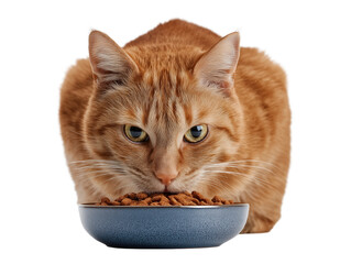 Pet cat isolated, adult cat eating cat food from a food bowl, adorable cat close-up portrait, isolated on a transparent background, professional pet photography, pet food advertising concept