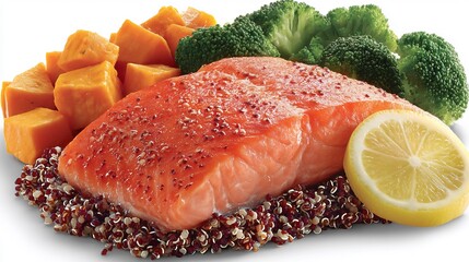 Prepared Plate of Food Featuring Fish, Cubed Sweet Potatoes, Broccoli Florets, Lemon Slice and a Bed of Quinoa