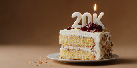 A celebratory cake adorned with 20K candles, suggesting a significant milestone or achievement. The cake is decorated with creamy frosting and delightful cherries.