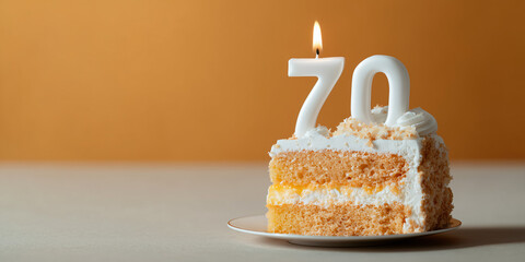 A slice of cake with a candle in the shape of the number 70, celebrating a special birthday
