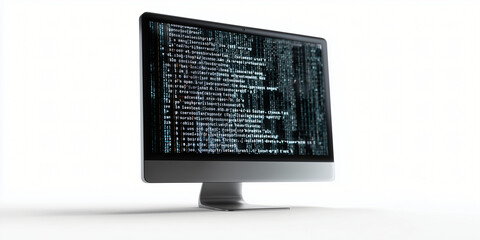 An elegant desktop computer displaying complex coding on the screen. The monitor is a sleek silver color, suggesting modern technology 