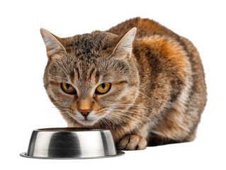 Pet cat isolated, adult cat eating cat food from a food bowl, adorable cat close-up portrait, isolated on a transparent background, professional pet photography, pet food advertising concept