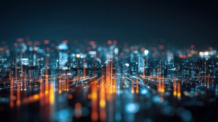 Abstract Cityscape: A breathtaking high-angle view of a futuristic cityscape, where towering skyscrapers are illuminated by a network of dazzling lights.