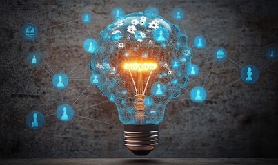 Glowing filament inside a technological wireframe light bulb surrounded by interconnected digital icons representing networked users and gears symbolizing innovation and collaboration