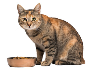Pet cat isolated, adult cat eating cat food from a food bowl, adorable cat close-up portrait, isolated on a transparent background, professional pet photography, pet food advertising concept