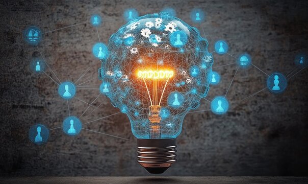 Glowing filament inside a technological wireframe light bulb surrounded by interconnected digital icons representing networked users and gears symbolizing innovation and collaboration