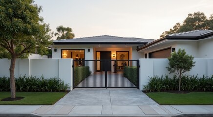 Naklejka premium White house with a black gate and a tree