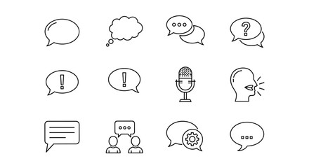 Collection of line icons representing speech bubbles, talking, conversation, dialogues, question marks, exclamation points, microphones, and people communicating, perfect for web, books, cards, and