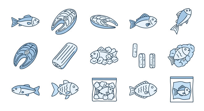 Collection of stylized blue outline icons representing various forms of frozen fish, including whole fish, fish steaks, fish sticks, and fish packed in ice, suitable for graphic design, web, apps
