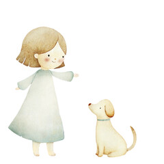 Watercolor nativity girl with dog illustration