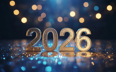 Bright and Shimmering of Golden 2026 Number with Sparkling Blue Festive Scene Celebrating the Upcoming New Year Holiday