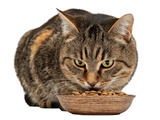 Pet cat isolated, adult cat eating cat food from a food bowl, adorable cat close-up portrait, isolated on a transparent background, professional pet photography, pet food advertising concept