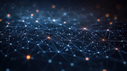 Glowing interconnected network of nodes and lines with blue and orange points floating in dark space evoking digital connectivity and data flow