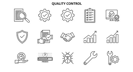 Fototapeta premium Quality control set of line style web icons, including magnifying glass on document, gears with checkmarks, clipboard, computer monitor with badge, shield, handshake, progress bar, bug, wrench, and