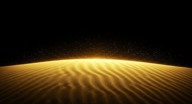 Close-up of golden sand dunes under a dark sky with a shimmering glow
