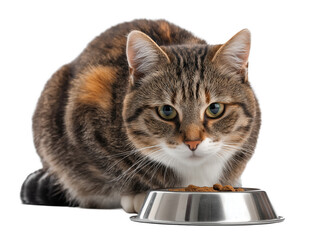 Pet cat isolated, adult cat eating cat food from a food bowl, adorable cat close-up portrait, isolated on a transparent background, professional pet photography, pet food advertising concept