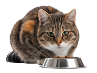 Pet cat isolated, adult cat eating cat food from a food bowl, adorable cat close-up portrait, isolated on a transparent background, professional pet photography, pet food advertising concept