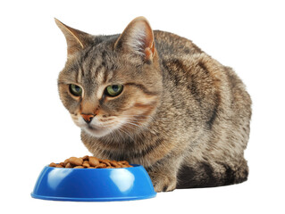 Pet cat isolated, adult cat eating cat food from a food bowl, adorable cat close-up portrait, isolated on a transparent background, professional pet photography, pet food advertising concept