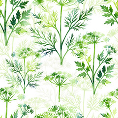 Seamless pattern with watercolor herbs, dill and parsley. Hand drawn. Not AI, vector illustration.