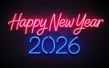 Bright Pink Neon sign that says Happy New Year 2026