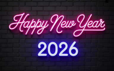 Bright Pink Neon sign that says Happy New Year 2026