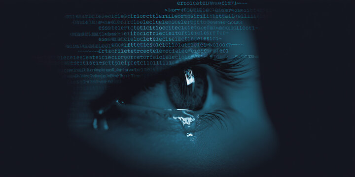 An eye shedding tears, overlayed with binary code, representing data breaches or digital vulnerability. The image evokes feelings of sadness, fear, and technological reliance