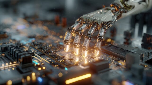 Technological Interface: A robotic arm with a sleek, metallic design interacts with an intricate circuit board, highlighting the convergence of technology and innovation.