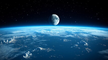 Moon, ground, and earth view in space for scientific research, astronomy, and planetary exploration. A striking image capturing the vastness of the universe and the beauty of space, Generative AI