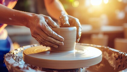 Close-up of hands shaping clay on a pottery wheel under warm sunlight, showcasing the art of ceramic creation