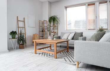 Interior of light living room with sofas, table and houseplants