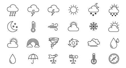 Collection of Weather-Related Line Icons: Rain Outline Signs for Graphic and Web Design, Apps, Adverts, Various Cards, Vector Cartoon Illustration with Sun, Clouds, Snowflakes, Rainbow, Tornado, and