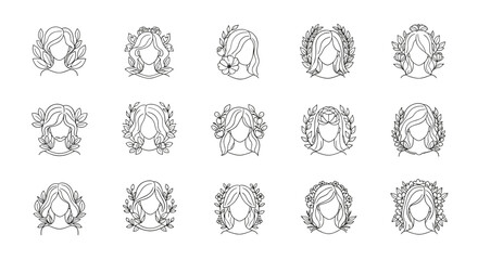 Collection of 15 hand-drawn line art icons featuring faceless women adorned with various floral arrangements and leafy wreaths, presented on a clean white background, ideal for logos and branding.