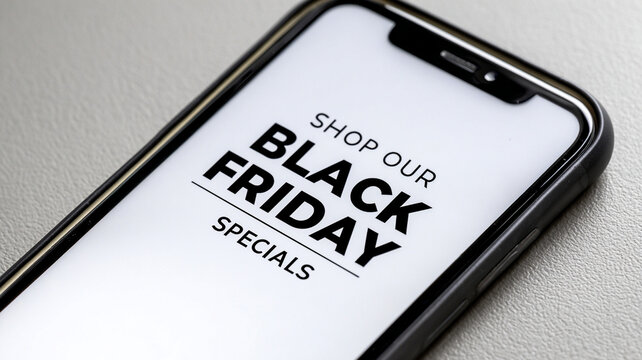  The concept of a sale for a smartphone and gadget store. The text Black Friday on the smartphone screen of the luxury brand. A banner for the website.