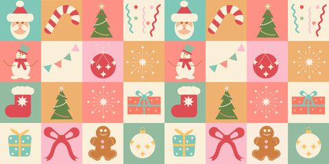  A seamless pattern with Christmas elements made of geometric shapes. The modern mosaic background includes gifts, confetti, gingerbread cookies, candy canes, snowflakes, and Christmas tree baubles.