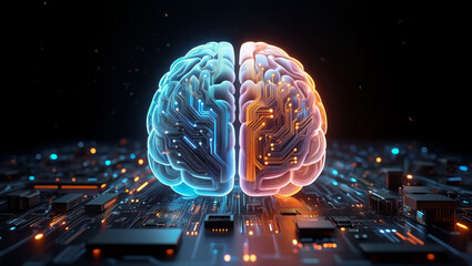 human brain - Digital Brain with Blue and Orange Hemispheres Above Circuit Board – Stylized Illustration Representing Artificial Intelligence, Neural Networks, and Cognitive Computing