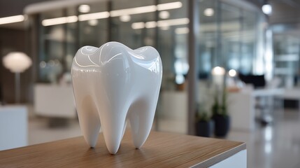Shiny ceramic molar model on a wooden , dental care, and clinic setting.