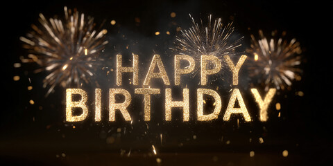 Happy Birthday message with fireworks and sparkles in a dark setting, perfect for celebratory occasion