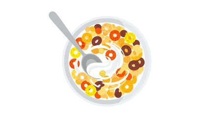 Colorful cereal bowl with milk and spoon on white background