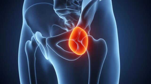 Hip Joint Pain Animation 3D Medical Visualization of Pelvis and Femur with Highlighted Acetabulum