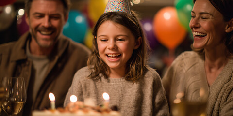 A heartwarming birthday celebration with a young girl smiling between her parents