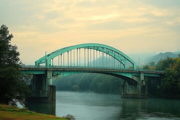 Naklejka premium calm misty morning with an old green arched bridge over a wide river surrounded by dense trees and soft cloudy sky
