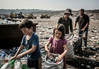 A family with two young children works together to collect recyclable materials from a vast landfill.