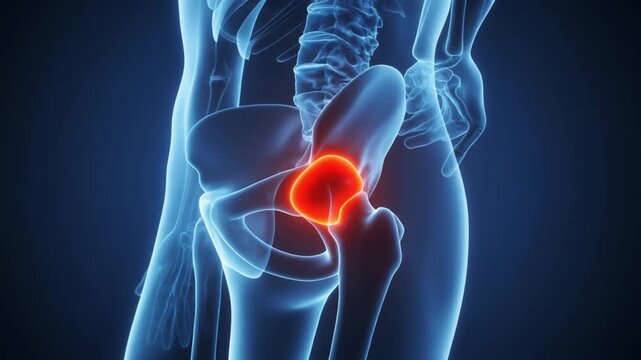 Hip Joint Pain Animation Human Skeletal System with Inflammation Highlighted in Red
