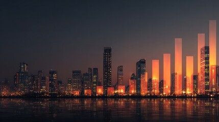Fototapeta premium Urban Growth and Financial Rise: A captivating nighttime view of a bustling city skyline transformed into an upward-trending financial graph.