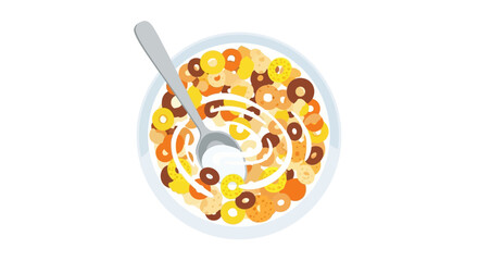 An overhead shot of cereal in a bowl with a spoon