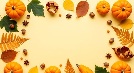 Fototapeta premium Frame of colorful autumn leaves and pumpkins on pastel yellow background, banner template for Thanksgiving autumn harvest Halloween or seasonal invitation, with copyspace for text.