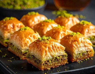 Close-up of golden, syrupy pastries with pistachio topping, in a dark setting, delicious food