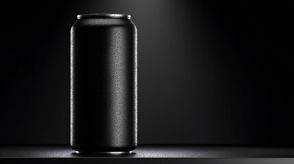 Sleek Black Beverage Can on Dark with Dramatic Lighting